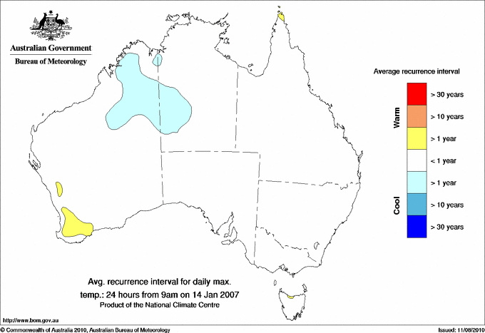 Australian daily maximum temperature average recurrence interval maps