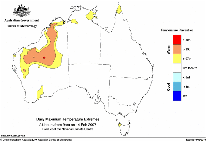 Australian daily maximum temperature extreme area maps