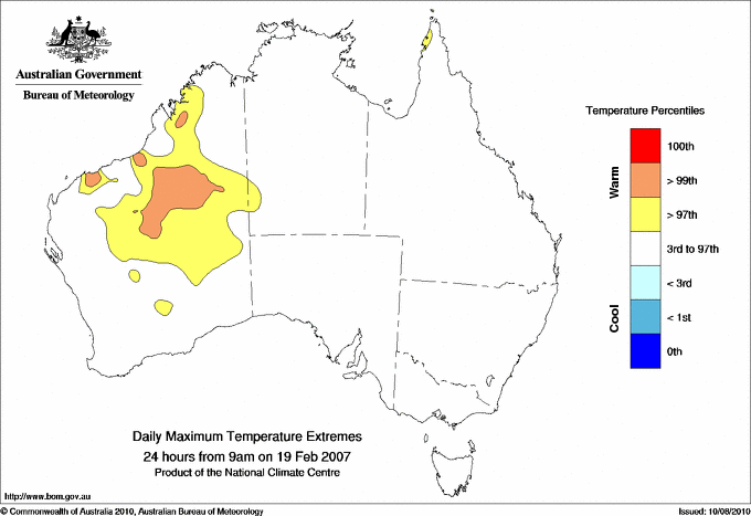 Australian daily maximum temperature extreme area maps