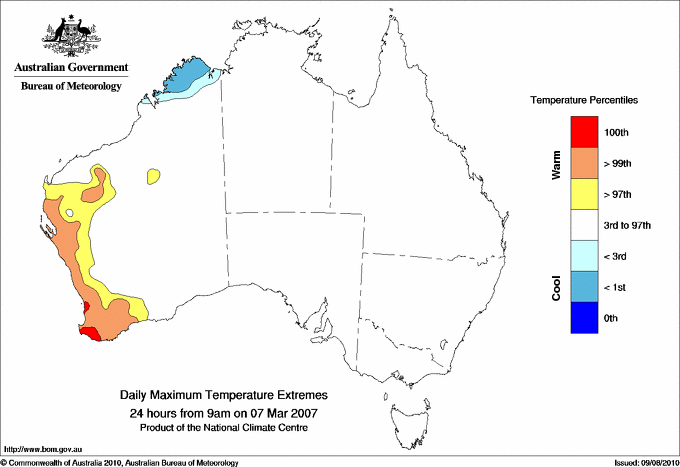 Australian daily maximum temperature extreme area maps