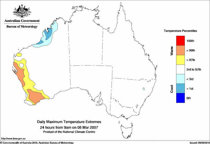 Australian daily maximum temperature extreme area maps