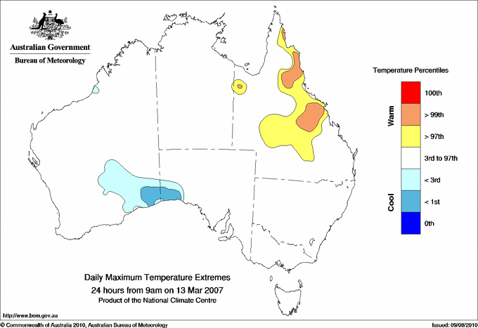 Australian daily maximum temperature extreme area maps