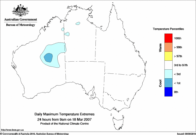 Australian daily maximum temperature extreme area maps