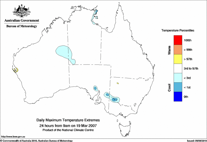 Australian daily maximum temperature extreme area maps