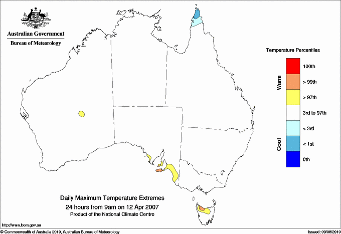 Australian daily maximum temperature extreme area maps