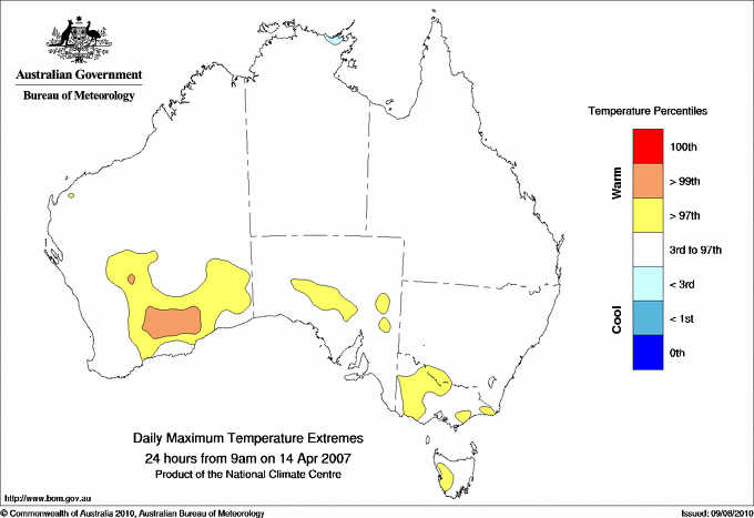 Australian daily maximum temperature extreme area maps
