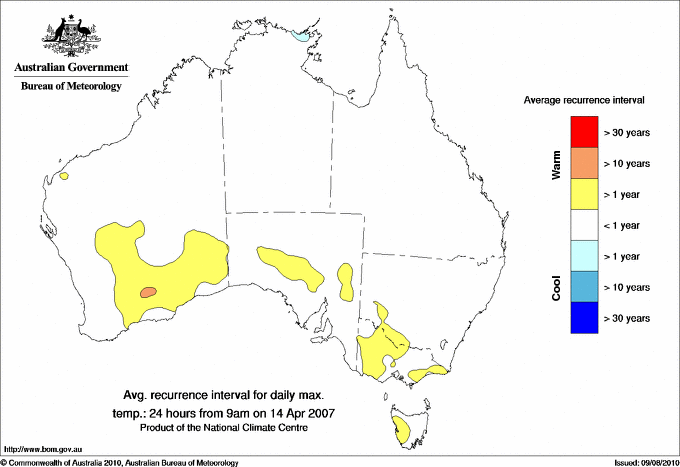 Australian daily maximum temperature average recurrence interval maps