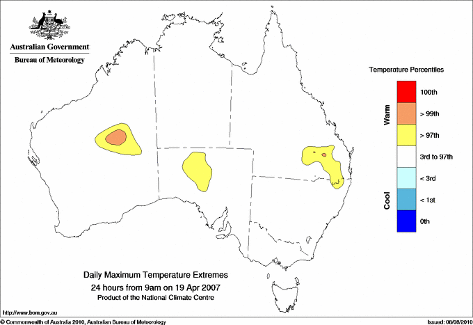 Australian daily maximum temperature extreme area maps