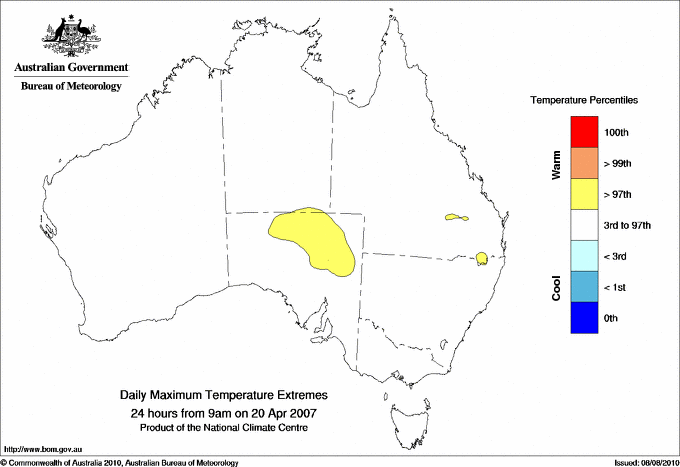 Australian daily maximum temperature extreme area maps