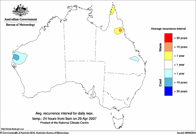 Australian daily maximum temperature average recurrence interval maps