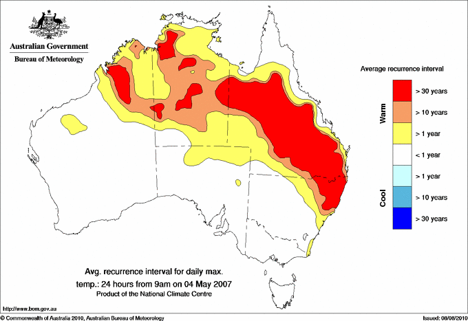 Australian daily maximum temperature average recurrence interval maps