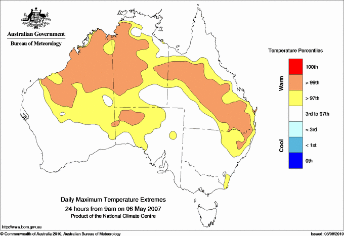 Australian daily maximum temperature extreme area maps