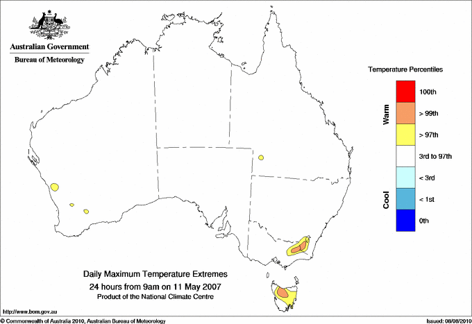 Australian daily maximum temperature extreme area maps