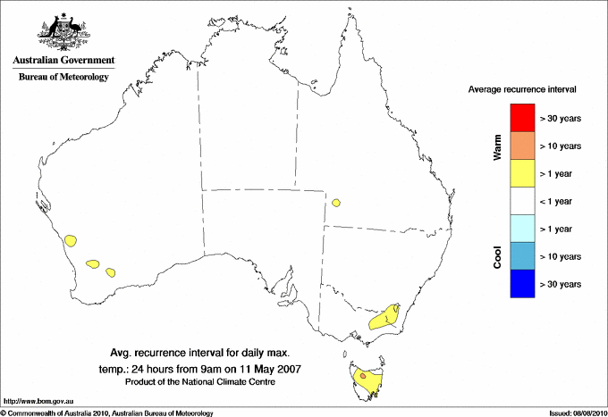 Australian daily maximum temperature average recurrence interval maps