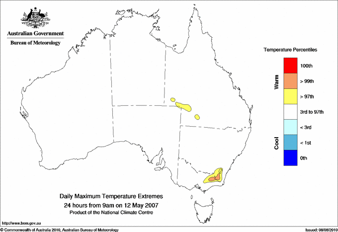 Australian daily maximum temperature extreme area maps