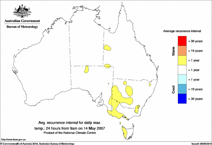 Australian daily maximum temperature average recurrence interval maps