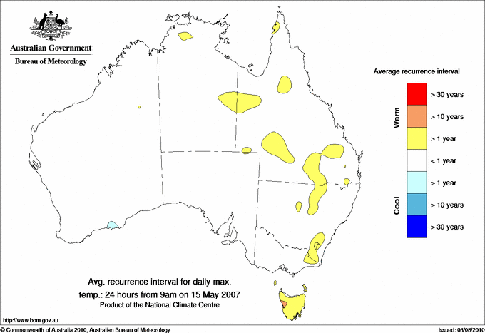 Australian daily maximum temperature average recurrence interval maps