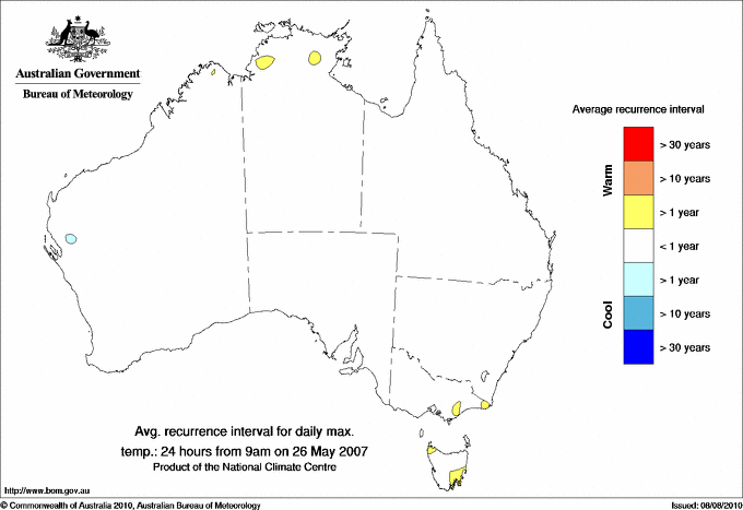 Australian daily maximum temperature average recurrence interval maps