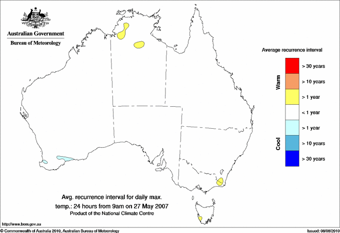 Australian daily maximum temperature average recurrence interval maps