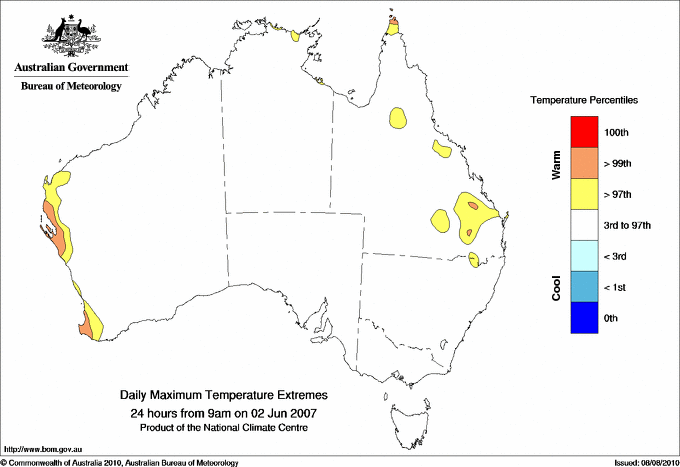 Australian daily maximum temperature extreme area maps