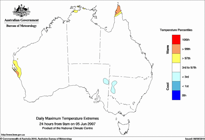 Australian daily maximum temperature extreme area maps