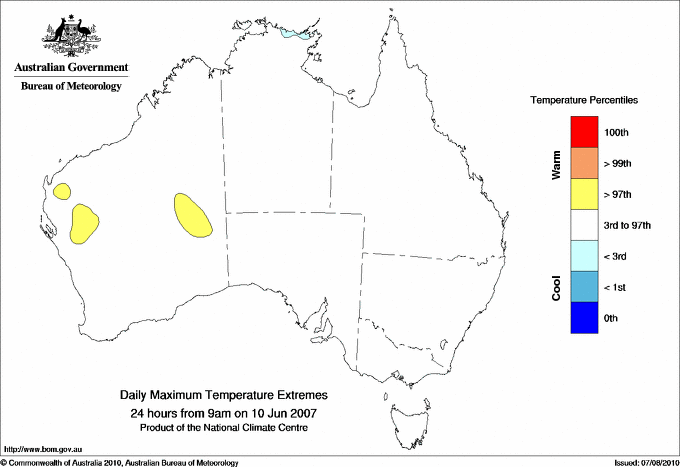 Australian daily maximum temperature extreme area maps