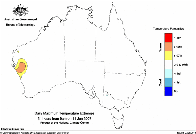 Australian daily maximum temperature extreme area maps