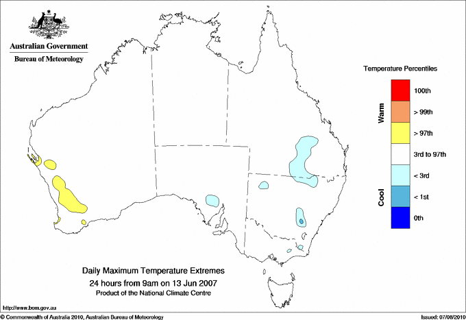 Australian daily maximum temperature extreme area maps