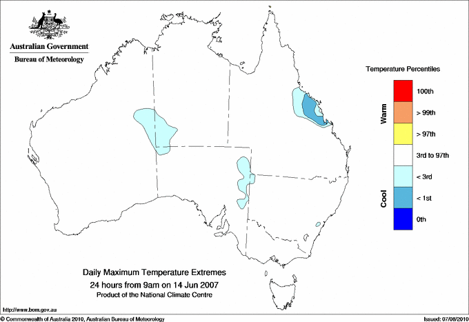Australian daily maximum temperature extreme area maps