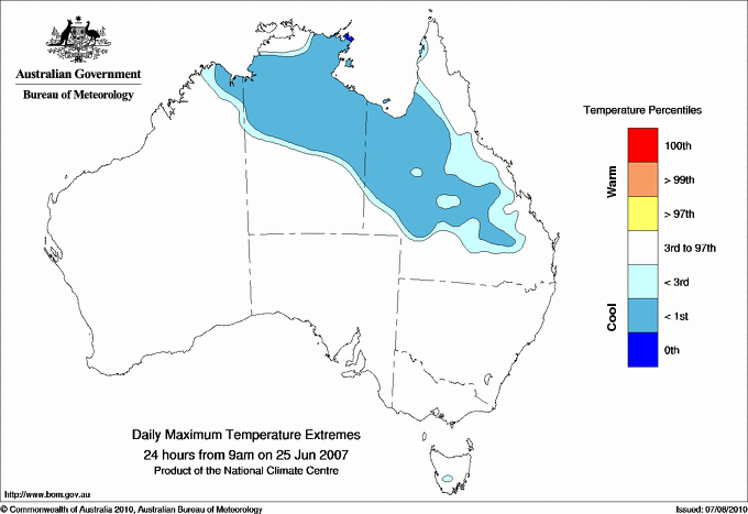 Australian daily maximum temperature extreme area maps