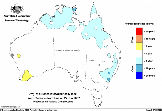 Australian daily maximum temperature average recurrence interval maps