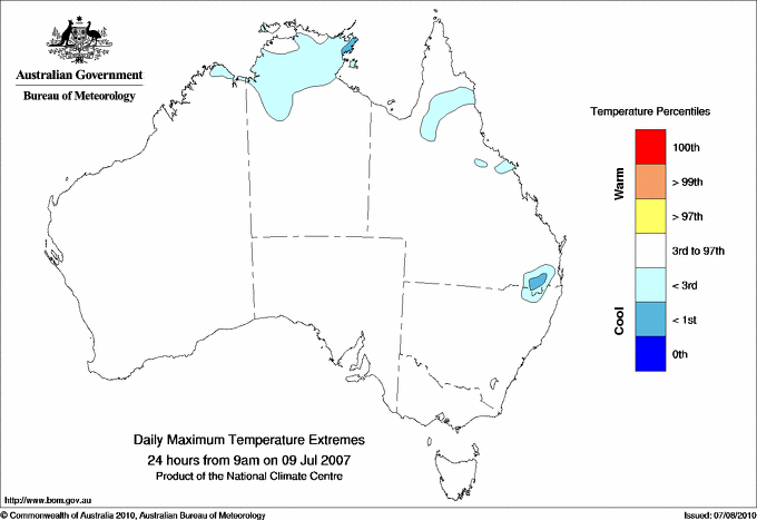 Australian daily maximum temperature extreme area maps
