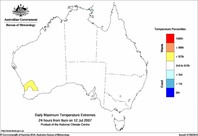Australian daily maximum temperature extreme area maps