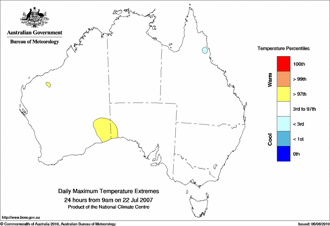Australian daily maximum temperature extreme area maps