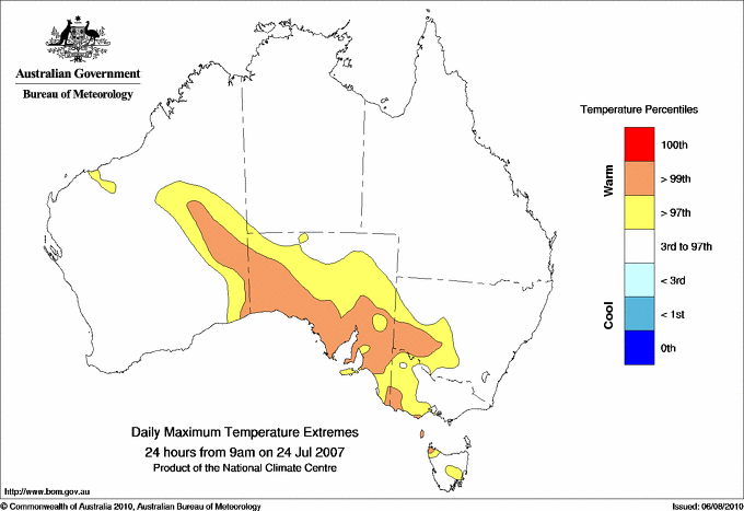Australian daily maximum temperature extreme area maps