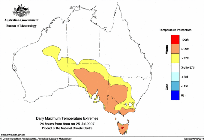 Australian daily maximum temperature extreme area maps