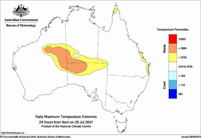 Australian daily maximum temperature extreme area maps