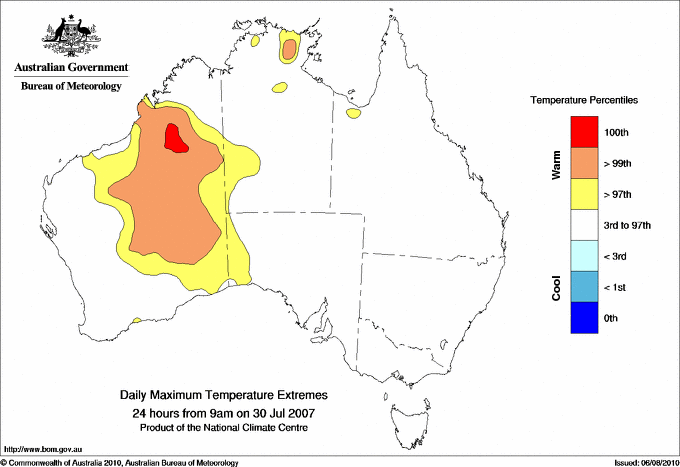Australian daily maximum temperature extreme area maps