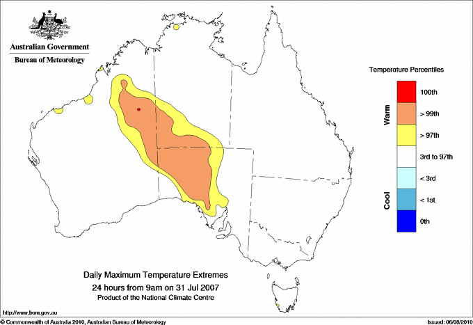 Australian daily maximum temperature extreme area maps