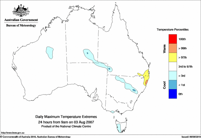 Australian daily maximum temperature extreme area maps