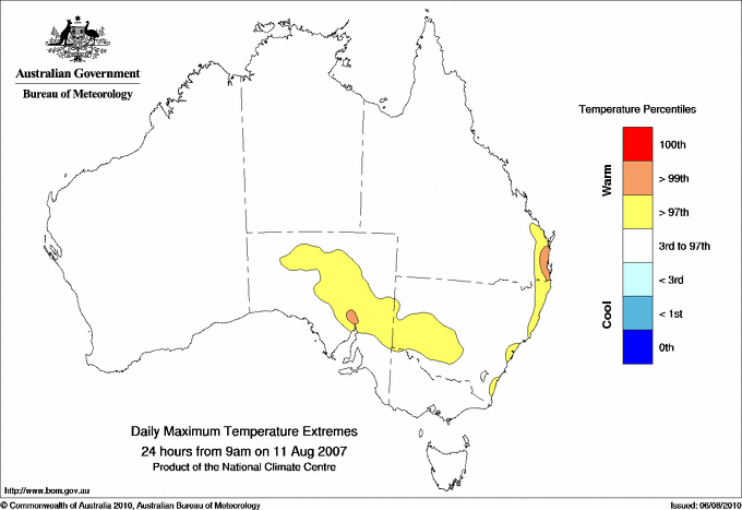 Australian daily maximum temperature extreme area maps