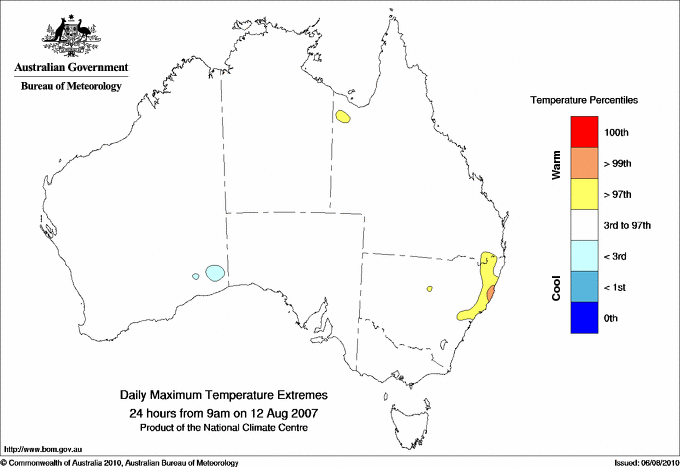 Australian daily maximum temperature extreme area maps