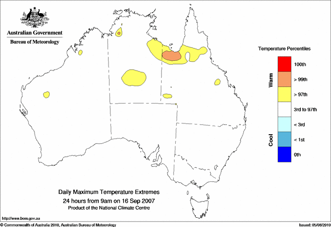 Australian daily maximum temperature extreme area maps