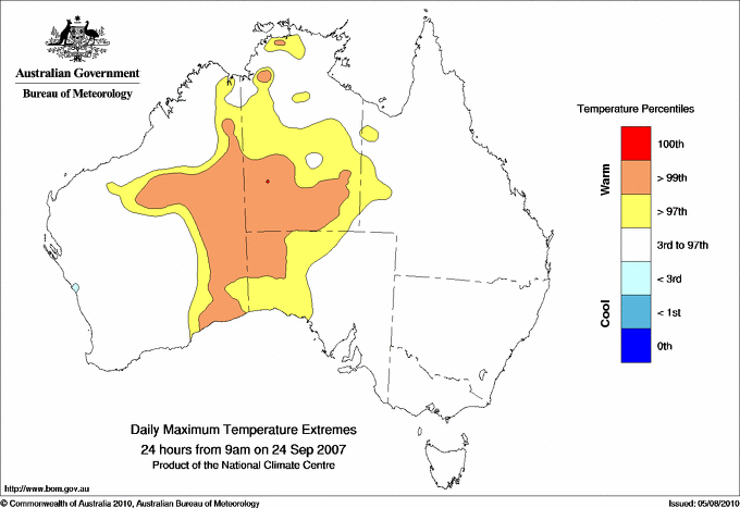 Australian daily maximum temperature extreme area maps