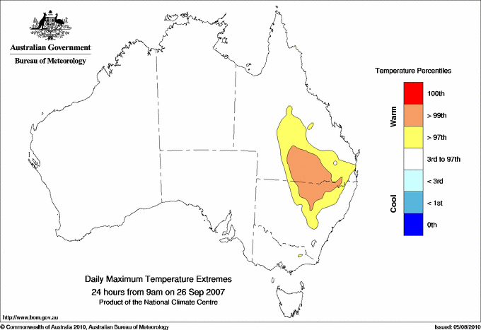 Australian daily maximum temperature extreme area maps