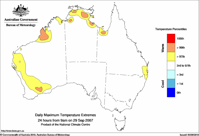 Australian daily maximum temperature extreme area maps