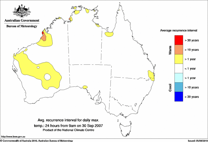 Australian daily maximum temperature average recurrence interval maps
