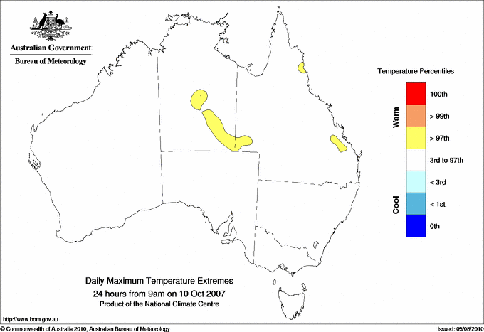 Australian daily maximum temperature extreme area maps