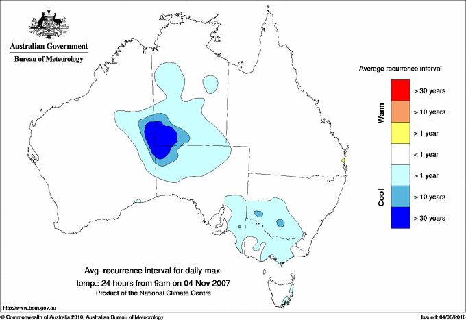 Australian daily maximum temperature average recurrence interval maps