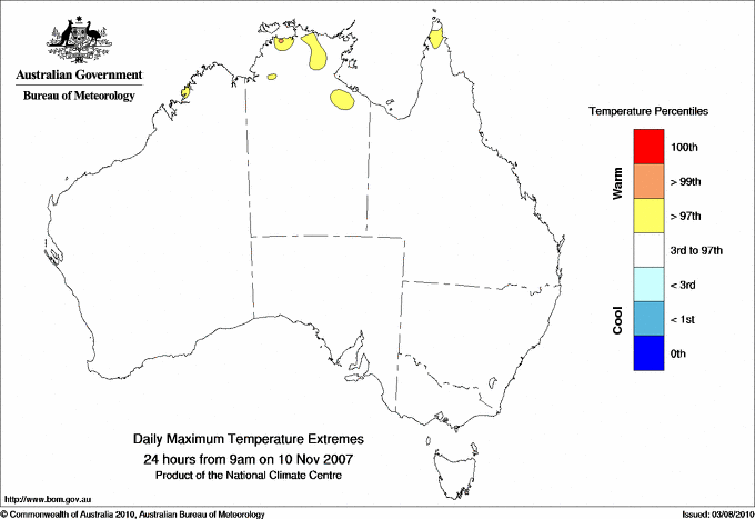 Australian daily maximum temperature extreme area maps
